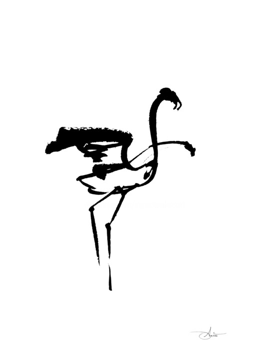 Dessin intitulée "Flamant rose" par Agnès Grégis (Au pinceau dansant), Œuvre d'art originale, Encre