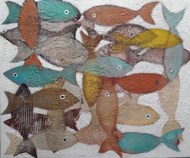 Malerei mit dem Titel "Les petits poissons" von Agnes Rolin, Original-Kunstwerk, Acryl