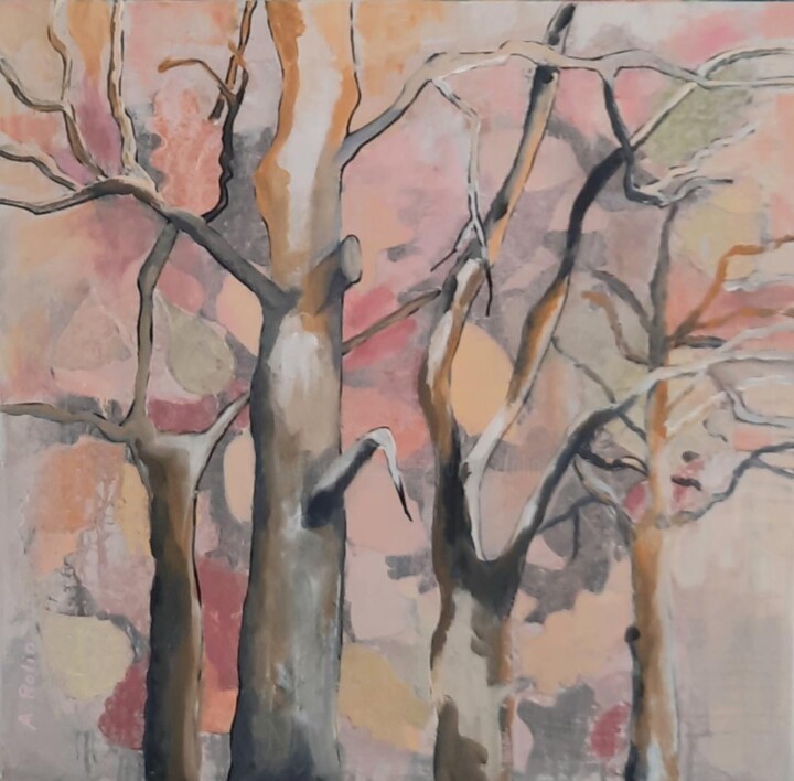 Painting titled "arbres feuilles" by Agnes Rolin, Original Artwork, Acrylic Mounted on Wood Panel