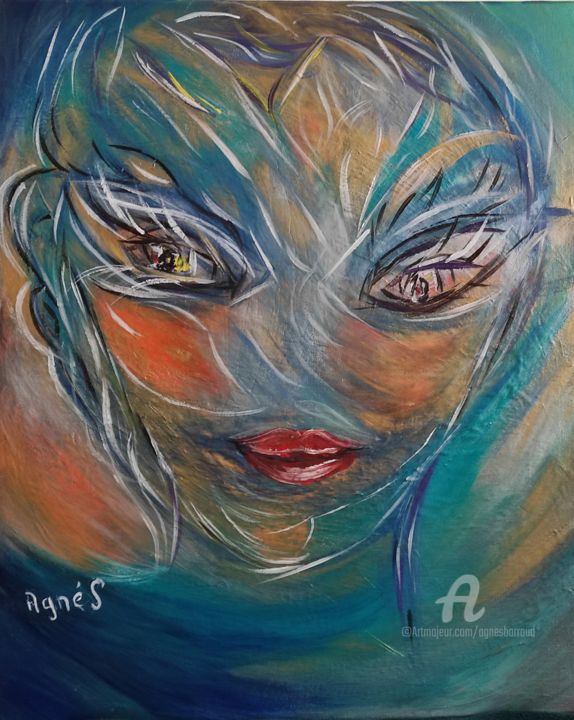 Peinture intitulée "Portrait en bleu" par Agnés Barraud (AgnéS), Œuvre d'art originale, Acrylique Monté sur Châssis