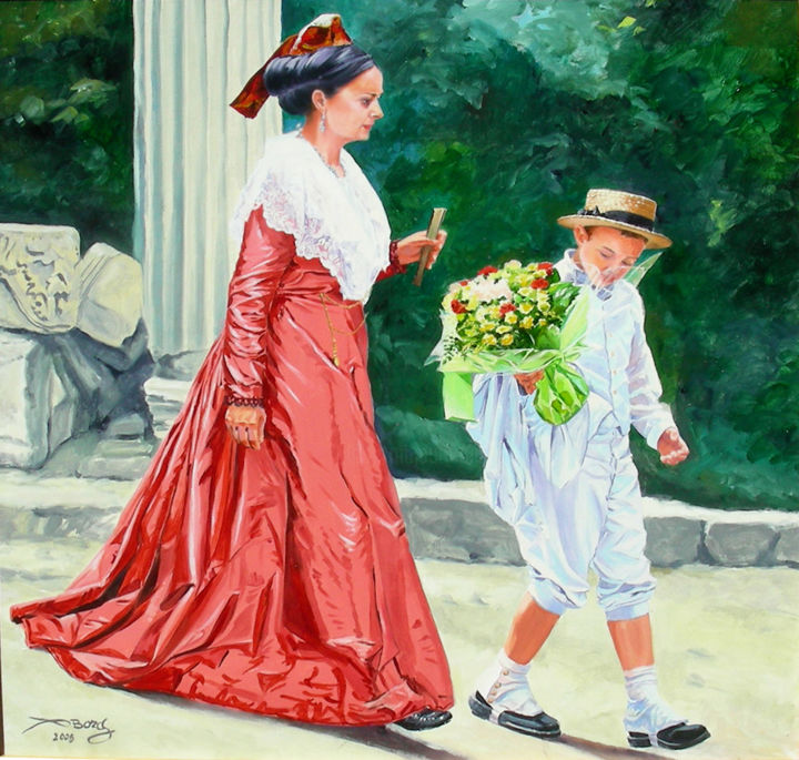 Pintura titulada "femme en rouge et g…" por Agnès Borg-Burglen, Obra de arte original, Oleo Montado en Cartulina