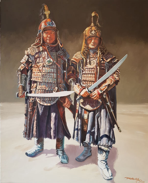 Painting titled "Soldats Mongoles" by Agnès Borg-Burglen, Original Artwork, Oil Mounted on Wood Stretcher frame