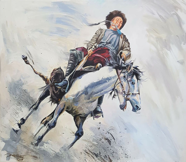 Painting titled "Kirghize 1" by Agnès Borg-Burglen, Original Artwork, Oil Mounted on Wood Stretcher frame