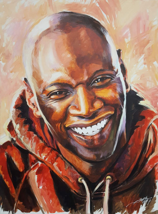 Painting titled "Omar Sy" by Agnès Borg-Burglen, Original Artwork, Acrylic Mounted on Wood Stretcher frame