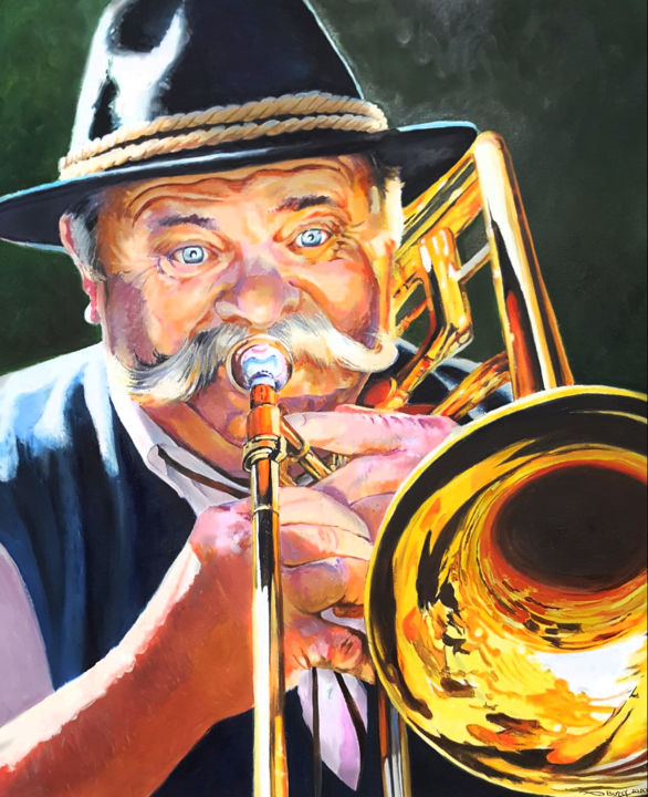 Malerei mit dem Titel "Le trombone" von Agnès Borg-Burglen, Original-Kunstwerk, Öl Auf Keilrahmen aus Holz montiert