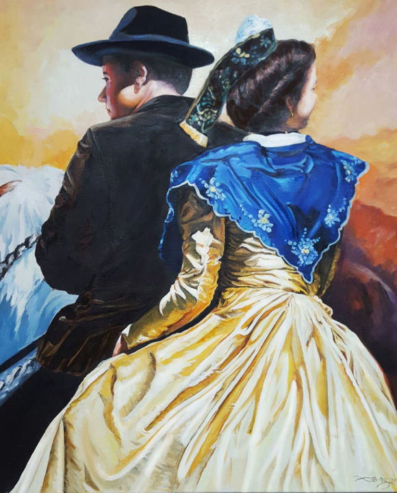 Painting titled "Arlésienne en robe…" by Agnès Borg-Burglen, Original Artwork, Oil Mounted on Wood Stretcher frame