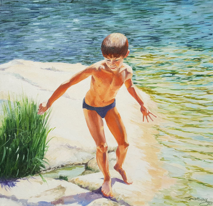 Peinture intitulée "Liam à la rivière (…" par Agnès Borg-Burglen, Œuvre d'art originale, Huile Monté sur Châssis en bois