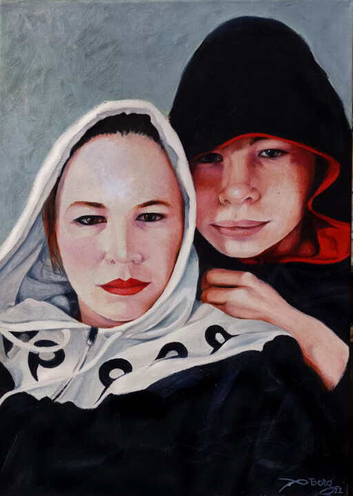 Peinture intitulée "Liam et sa mère (16…" par Agnès Borg-Burglen, Œuvre d'art originale, Huile Monté sur Châssis en bois