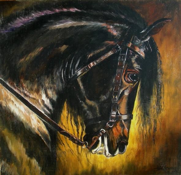 Painting titled "cheval noir" by Agnès Borg-Burglen, Original Artwork, Oil