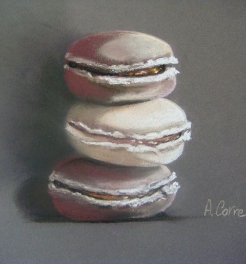 Desenho intitulada "3 macarons au choco…" por Agnes Corre, Obras de arte originais, Pastel
