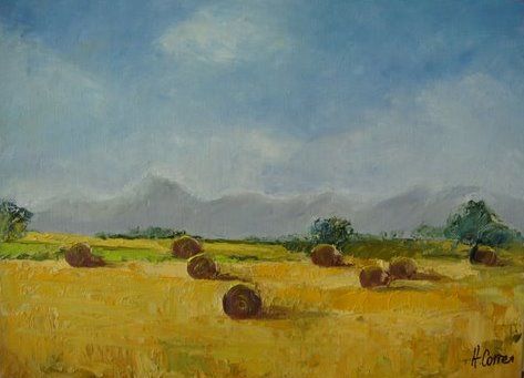 Painting titled "Meules de foin" by Agnes Corre, Original Artwork, Oil