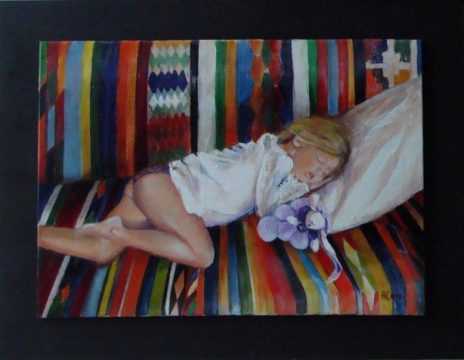 Malerei mit dem Titel "Enfant endormie" von Agnes Corre, Original-Kunstwerk, Öl