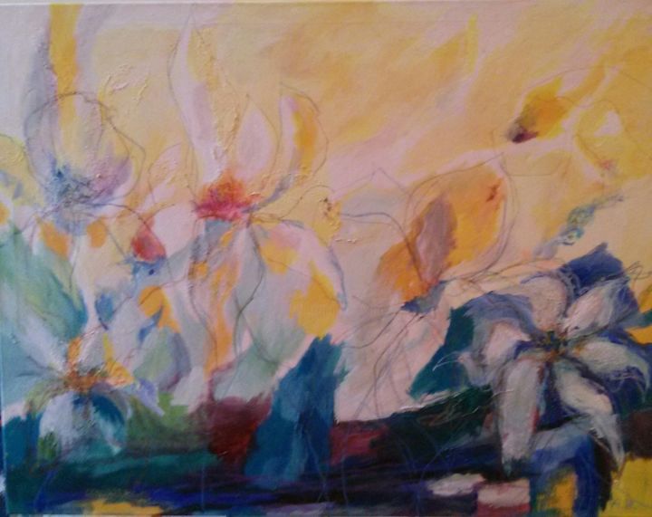 Painting titled "Ziedu levitācija" by Agnese Brūvere-Alpe, Original Art, Acrylic Mounted on Stretcher frame