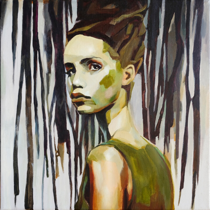 Ζωγραφική με τίτλο "Forest Girl No. IV" από Agnese Kurzemniece, Αυθεντικά έργα τέχνης, Ακρυλικό Τοποθετήθηκε στο Ξύλινο φορε…