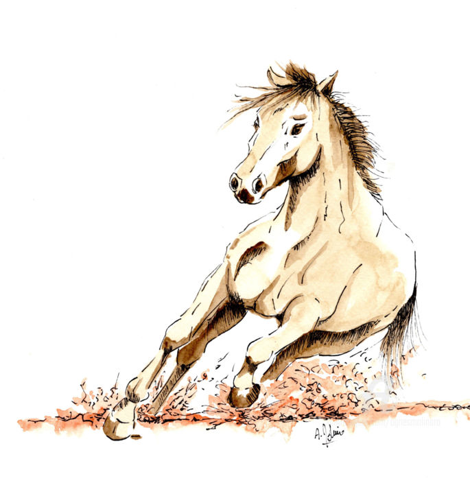 Drawing titled "Cheval galop" by Agnès Molinaro, Original Artwork, Watercolor