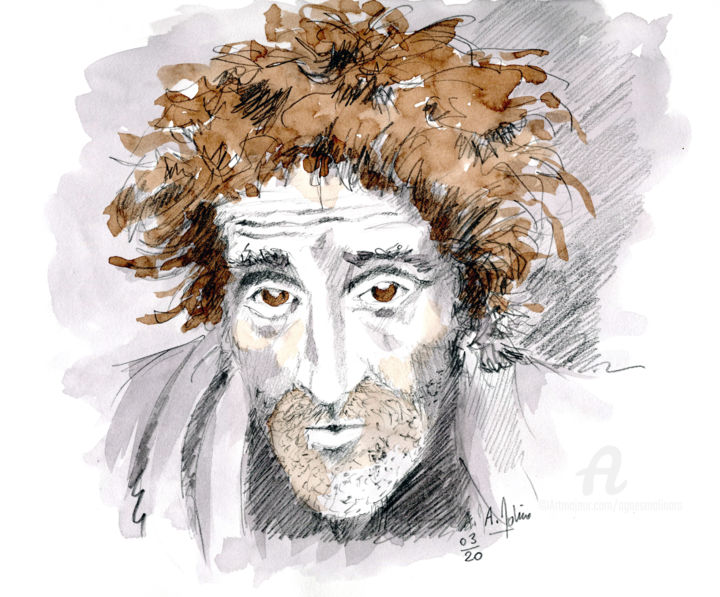 Drawing titled "Homme brun" by Agnès Molinaro, Original Artwork, Graphite