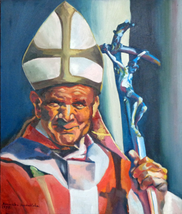 Pittura intitolato "Jean-Paul II" da Agnieszka Rozek, Opera d'arte originale, Olio