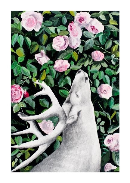 Peinture intitulée "Le Cerf et les Roses" par Agnieszka Zuchowska, Œuvre d'art originale, Gouache