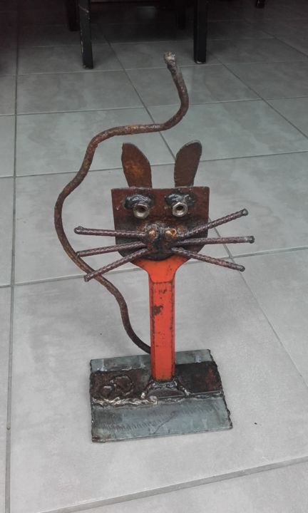 Sculptuur getiteld "Chat burin" door Agostinho Dacunha, Origineel Kunstwerk, Metalen