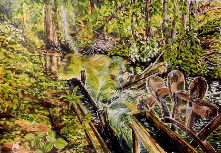 Картина под названием "Водяная мельница" - Андрей Гудков, Подлинное произведение искусства, Акварель