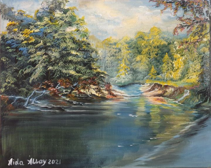 Painting titled "Rivière de montagne…" by Alla Hryshchuk (Aida Allay), Original Artwork, Acrylic