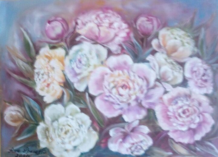 Peinture intitulée "Pivoines en fleurs" par Alla Hryshchuk (Aida Allay), Œuvre d'art originale, Huile