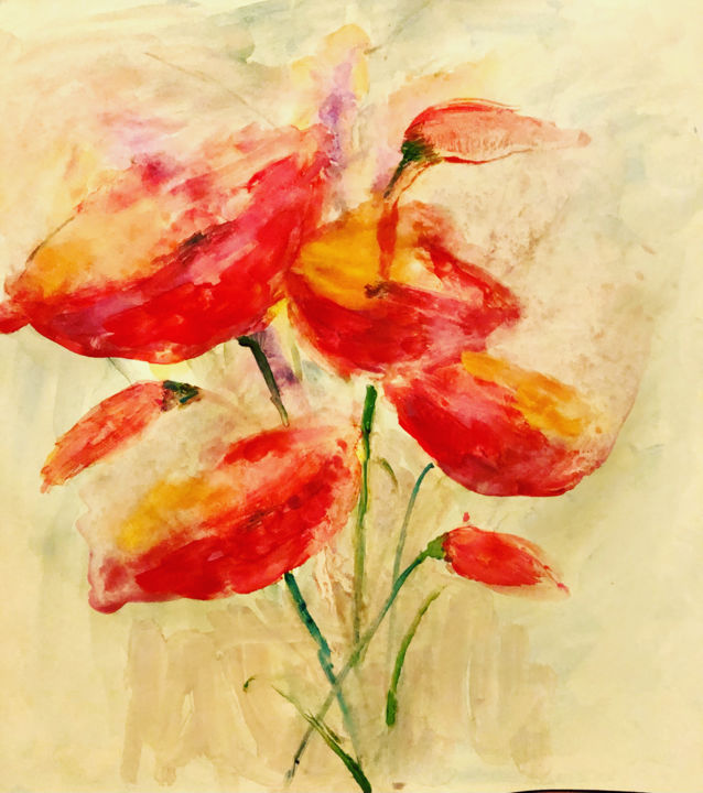 Peinture intitulée "My poppies" par Julia Csefalvay, Œuvre d'art originale, Aquarelle