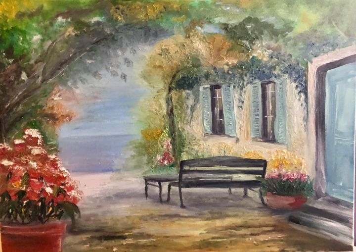 Painting titled "Beach cottage" by Julia Csefalvay, Original Artwork, Oil
