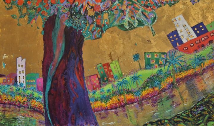 Peinture intitulée "paysage à l'arbre v…" par Arnaud Guibé, Œuvre d'art originale, Acrylique