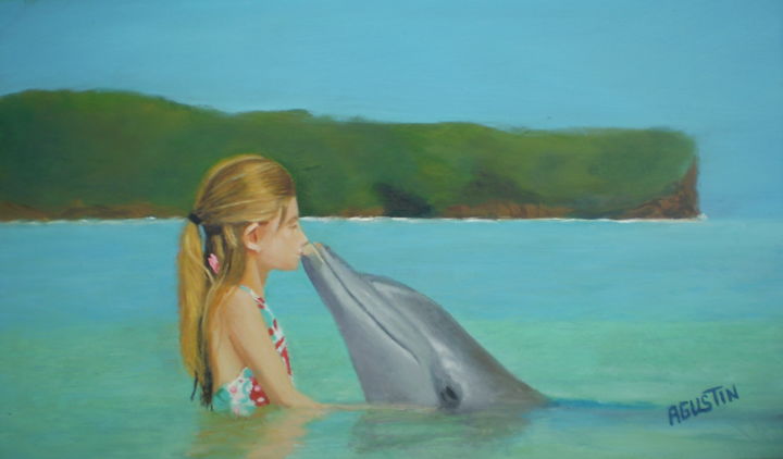 Schilderij getiteld "beso-del-delfin.jpg" door Agustin, Origineel Kunstwerk, Olie