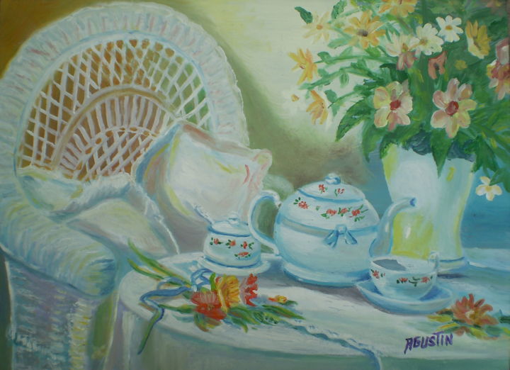 Peinture intitulée "tomando-un-cafe.jpg" par Agustin, Œuvre d'art originale, Huile
