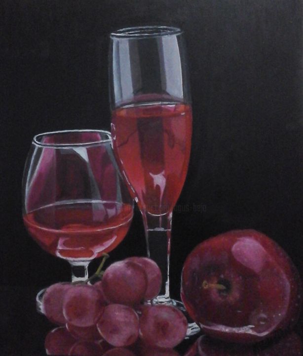 Pintura titulada "vino-uva-y-manzana.…" por Agustin, Obra de arte original, Oleo
