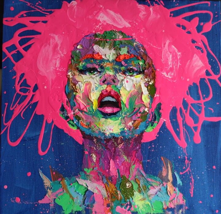 Malerei mit dem Titel "Pink hair electric" von Agusil, Original-Kunstwerk, Öl