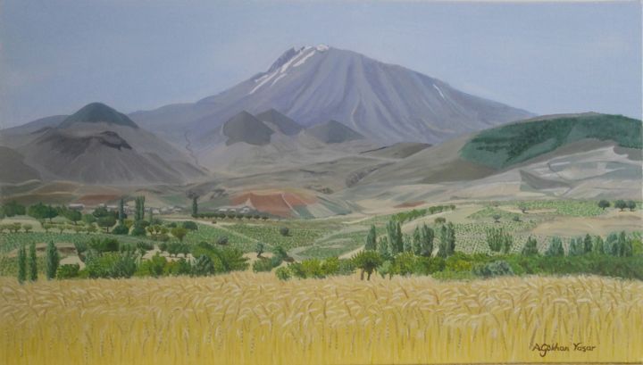 Painting titled "The Mountain Erciyes" by A.Gökhan Yaşar, Original Artwork, Oil Mounted on Wood Stretcher frame