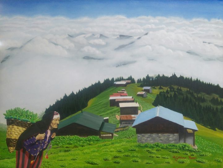 Painting titled "Above the clouds" by A.Gökhan Yaşar, Original Artwork, Oil Mounted on Wood Stretcher frame
