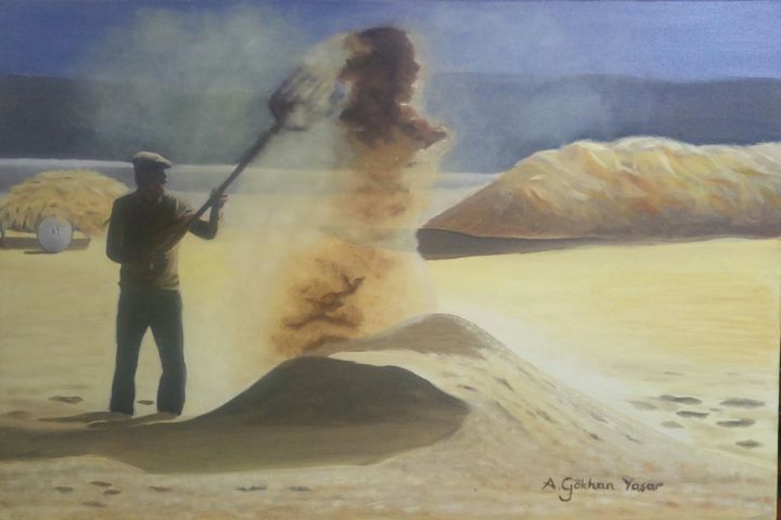 Painting titled "Treshing Field" by A.Gökhan Yaşar, Original Artwork, Oil Mounted on Wood Stretcher frame