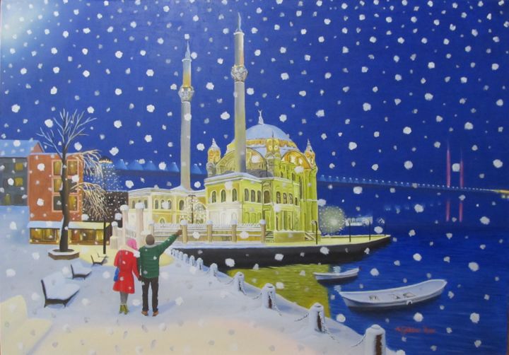 Painting titled "Snowy night at the…" by A.Gökhan Yaşar, Original Artwork, Oil Mounted on Wood Stretcher frame