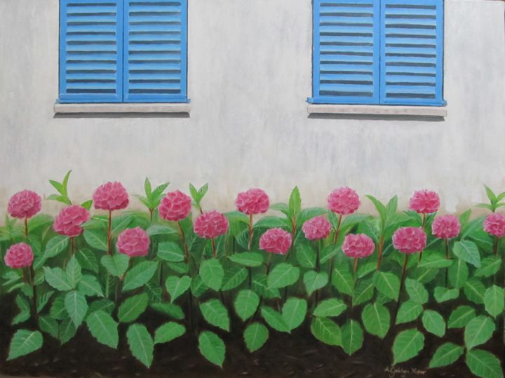 Painting titled "Hydrangeas" by A.Gökhan Yaşar, Original Artwork, Oil Mounted on Wood Stretcher frame