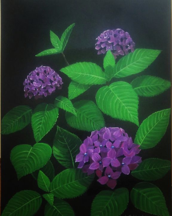 Painting titled "Purple hydrangea at…" by A.Gökhan Yaşar, Original Artwork, Oil Mounted on Wood Stretcher frame