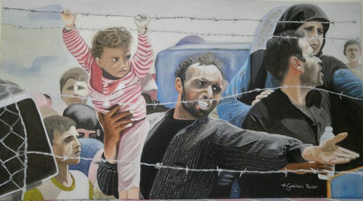 Painting titled "Refugees" by A.Gökhan Yaşar, Original Artwork, Oil Mounted on Wood Stretcher frame