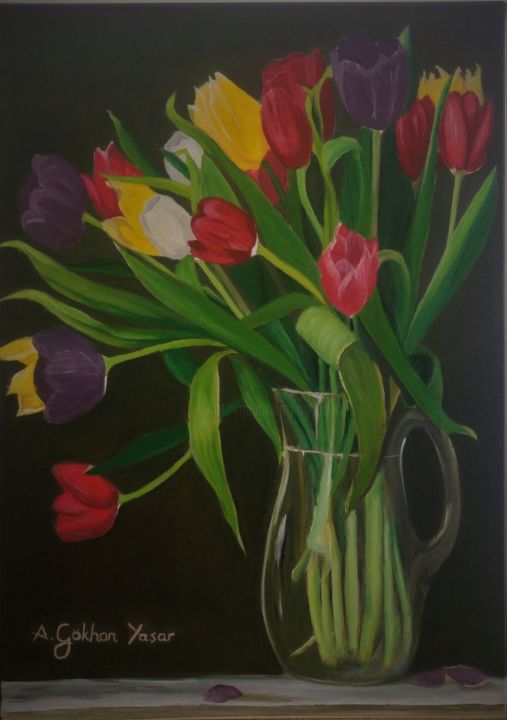 Painting titled "Tulips" by A.Gökhan Yaşar, Original Artwork, Oil Mounted on Wood Stretcher frame