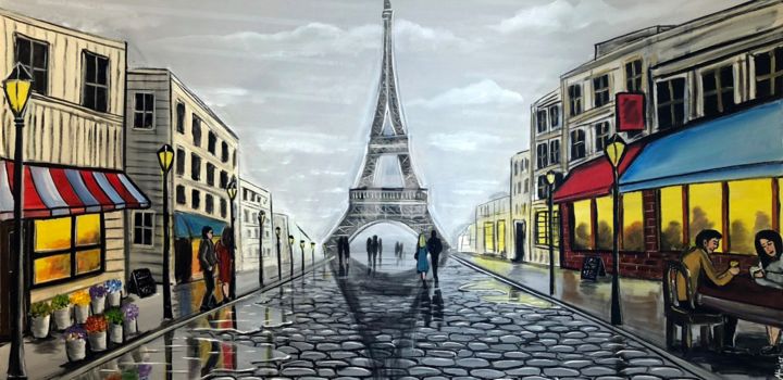 Painting titled "eiffel-flower-shop-…" by Aisha Haider, Original Artwork, Acrylic