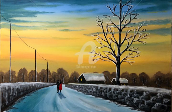 Painting titled "winter-sunset-walk.…" by Aisha Haider, Original Artwork, Acrylic