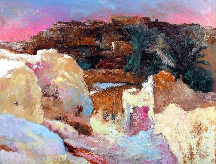 Peinture intitulée "Tôt le matin à Bou-…" par Mohamed Toufik Lebcir, Œuvre d'art originale, Huile