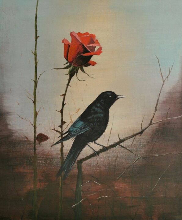 Painting titled "L'oiseau à la rose" by Ahmad Bader, Original Artwork, Acrylic Mounted on Cardboard