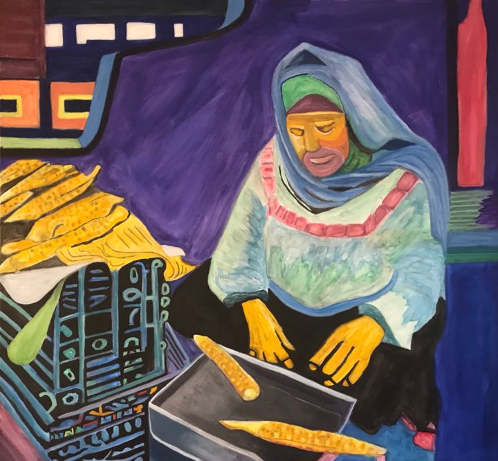 Painting titled "The Corn Seller" by Ahmed Barrada, Original Art, Acrylic