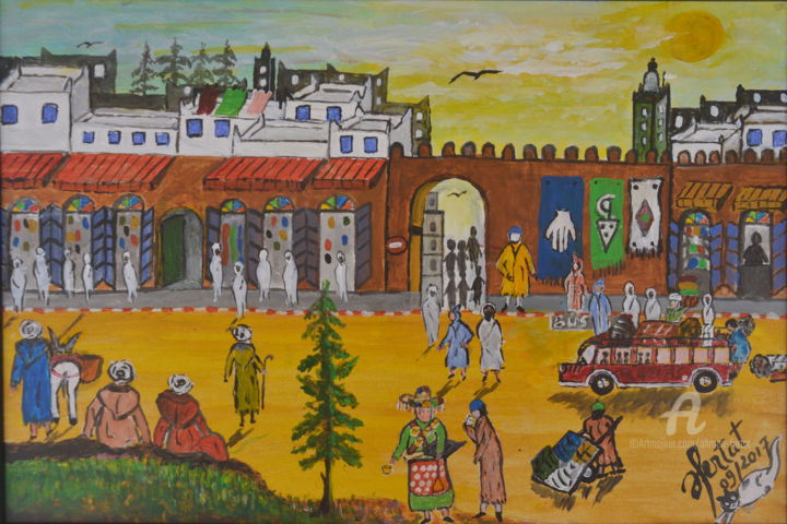 Painting titled "place de la médina-…" by Ahmed Fertat, Original Artwork, Acrylic