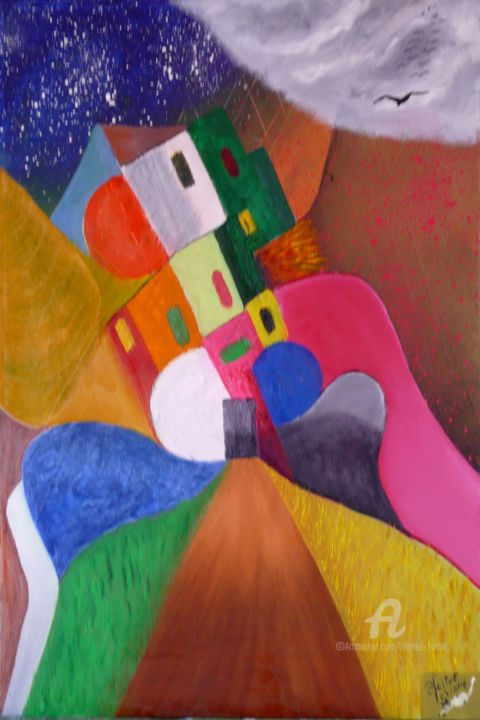 Peinture intitulée "village dans l'espa…" par Ahmed Fertat, Œuvre d'art originale, Autre