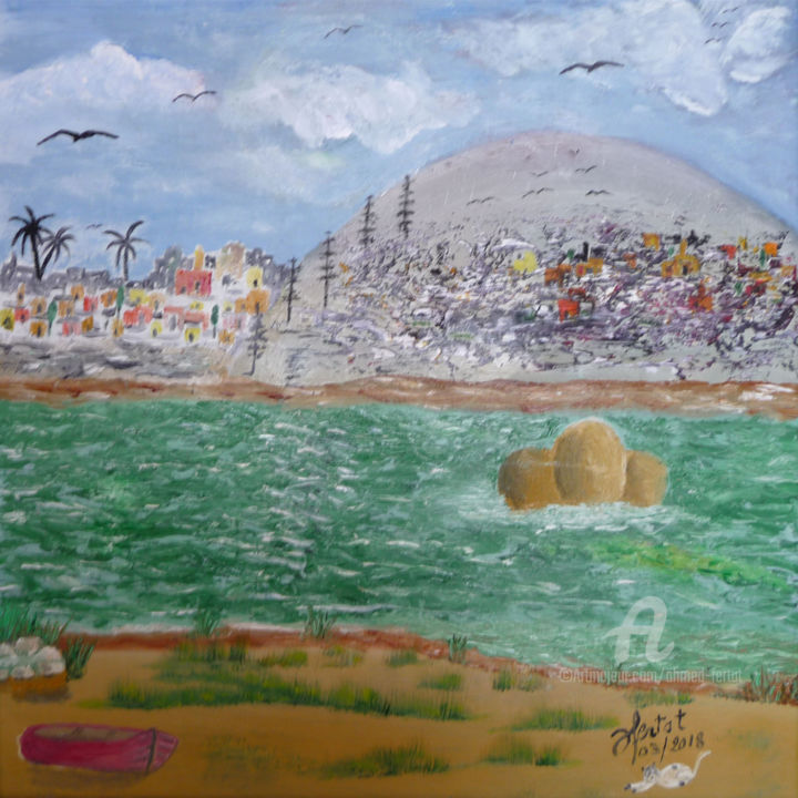 Peinture intitulée "village riverain.jpg" par Ahmed Fertat, Œuvre d'art originale, Huile
