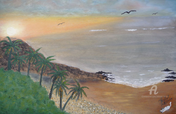 Peinture intitulée "plage à l'aube" par Ahmed Fertat, Œuvre d'art originale, Huile